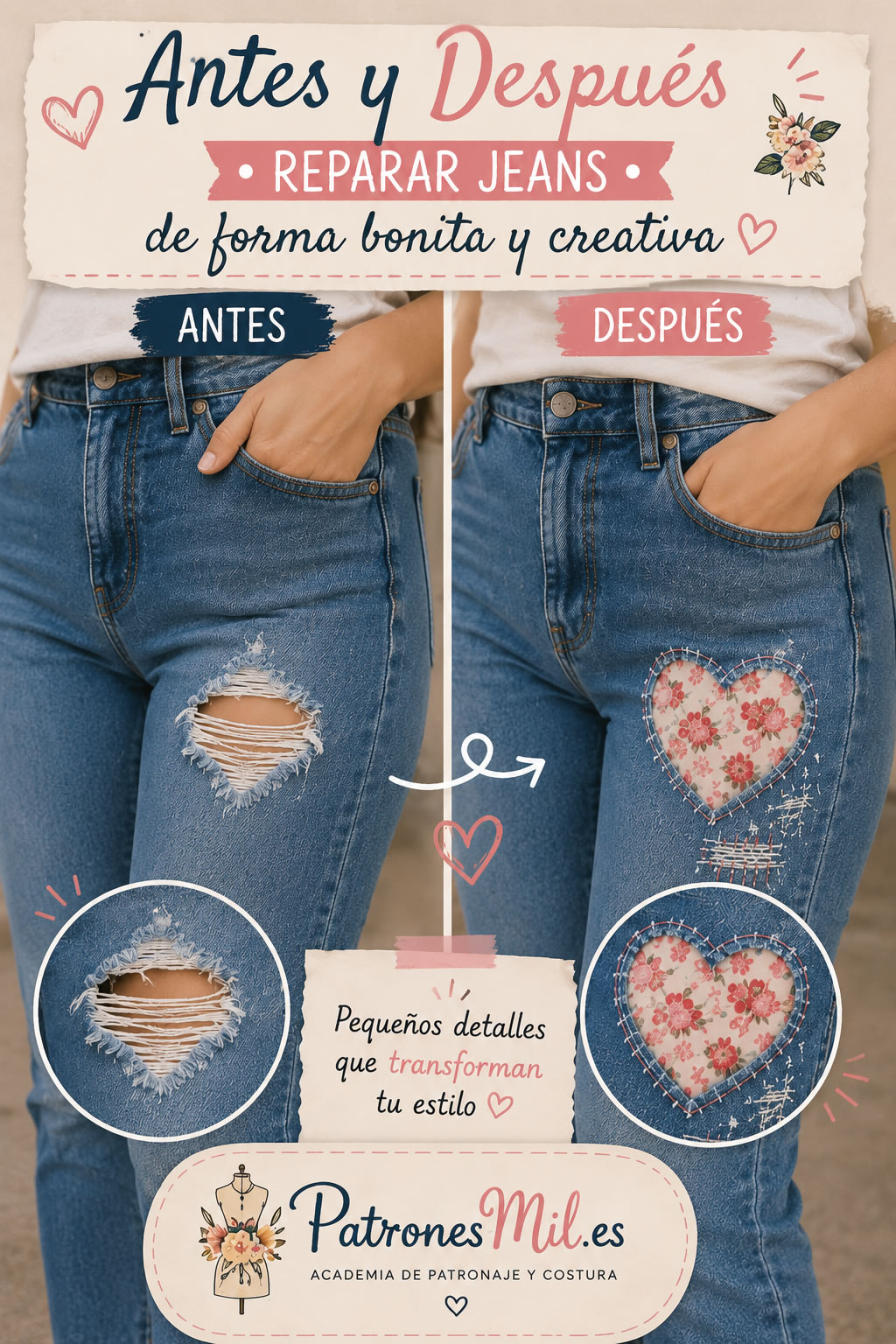 antes y despues de reparar el jeans