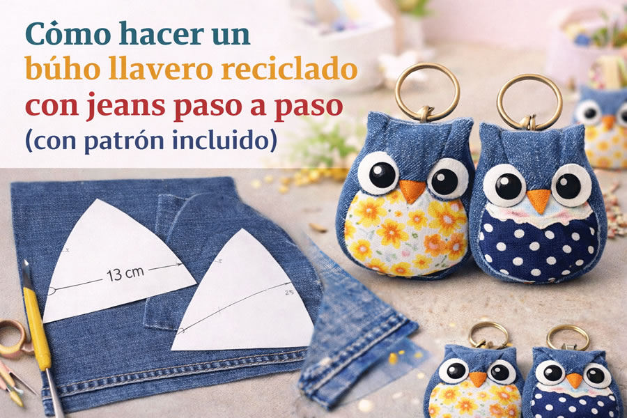 Búho llavero reciclado con jeans terminado con tela estampada y anilla metálica