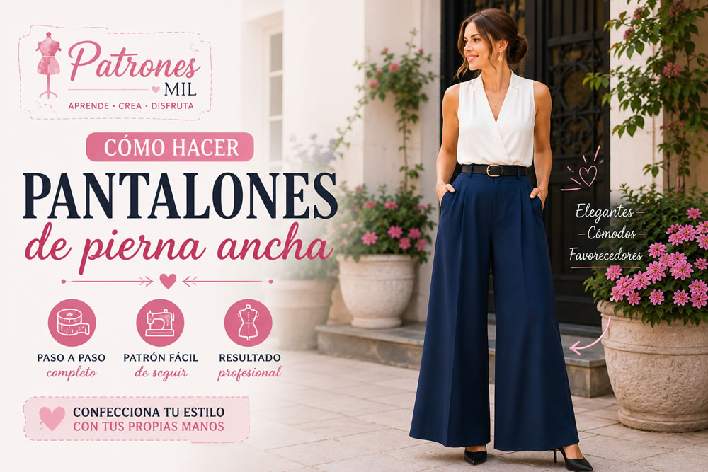 Mujer elegante luciendo pantalones de pierna ancha azul marino con caída fluida y estilo moderno, tutorial de costura y patronaje paso a paso de PatronesMil.es.