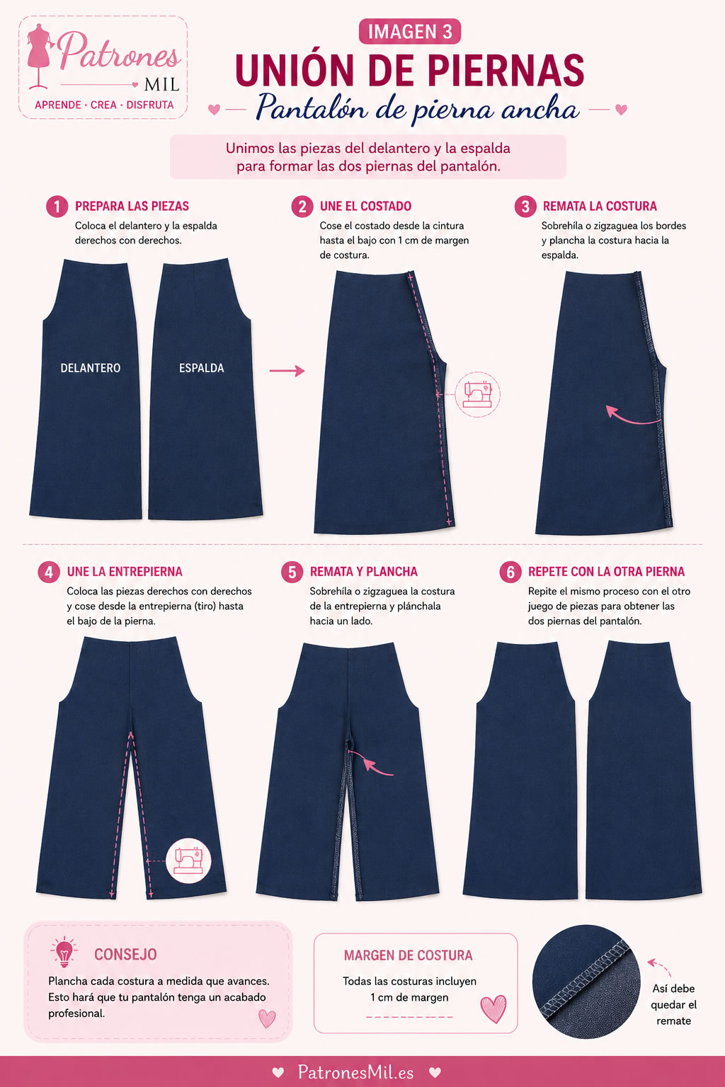union de piernas del pantalon de pierna ancha