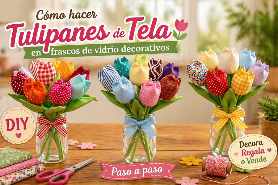 tulipanes de tela en frascos de vidrio decorativos