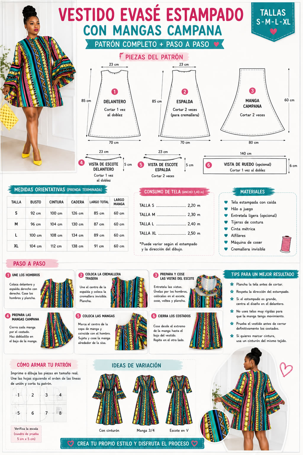 Patrón completo de vestido evasé estampado con mangas campana paso a paso para confeccionar y coser en casa