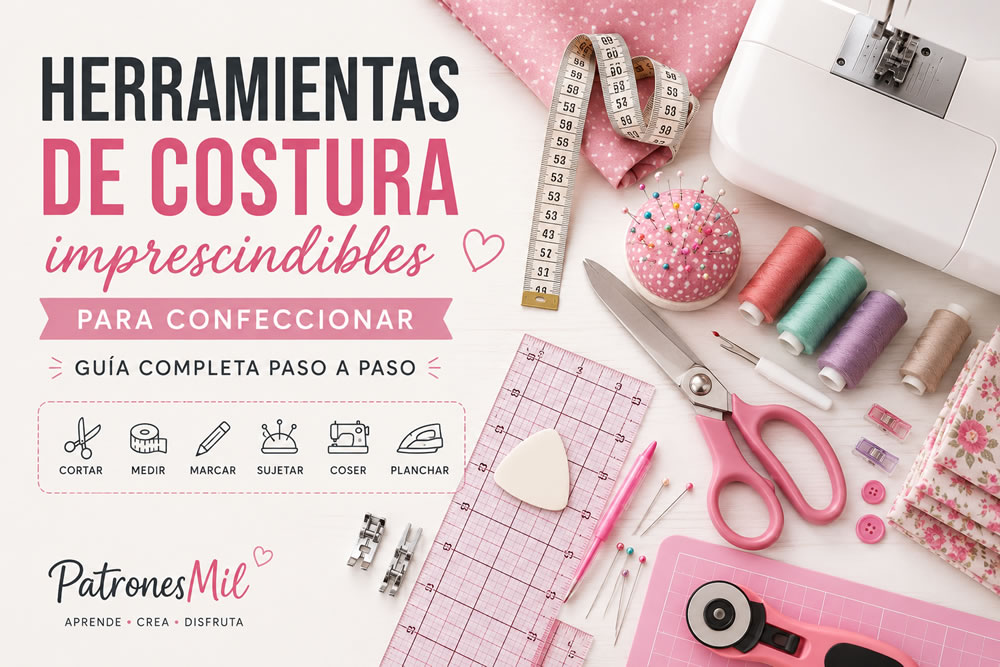 Herramientas de costura imprescindibles para confeccionar ropa y patrones paso a paso con máquina de coser, tijeras, hilos, reglas y accesorios de costura.