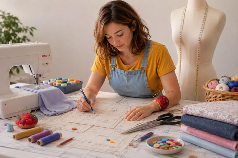 Mujer realizando patrones de costura en taller de confección con máquina de coser y telas