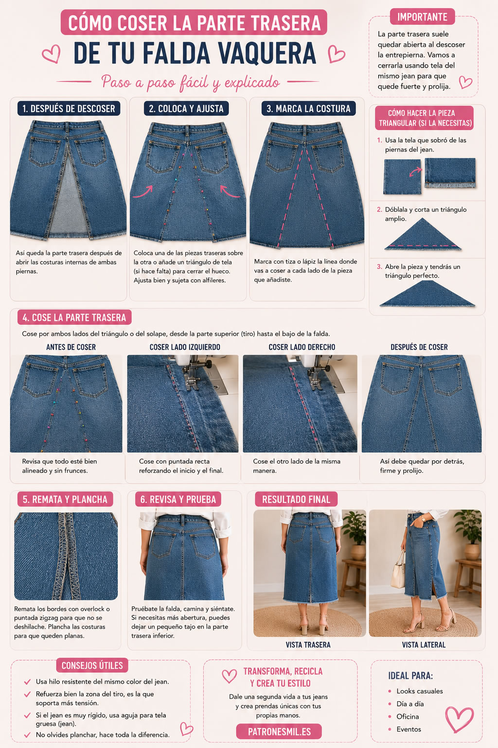 como coser la parte de atrás de la falda vaquera
