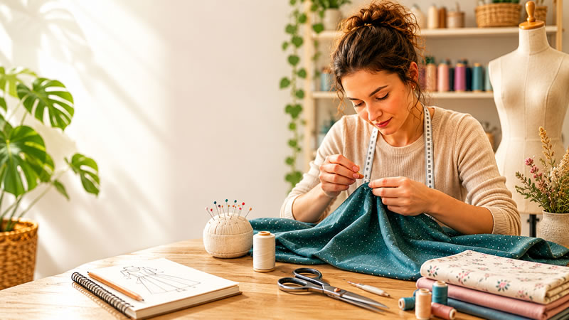 Mujer cosiendo en taller de costura PatronesMil