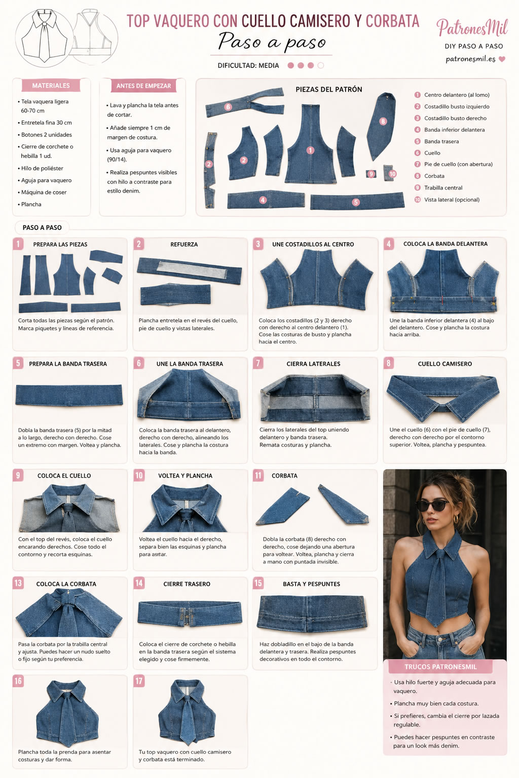 paso a paso del top halter vaquero con corbata