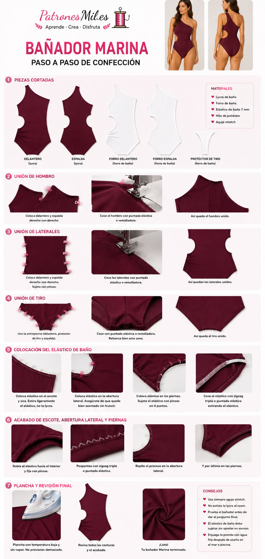union de hombros y laterales del traje de baño o bañador