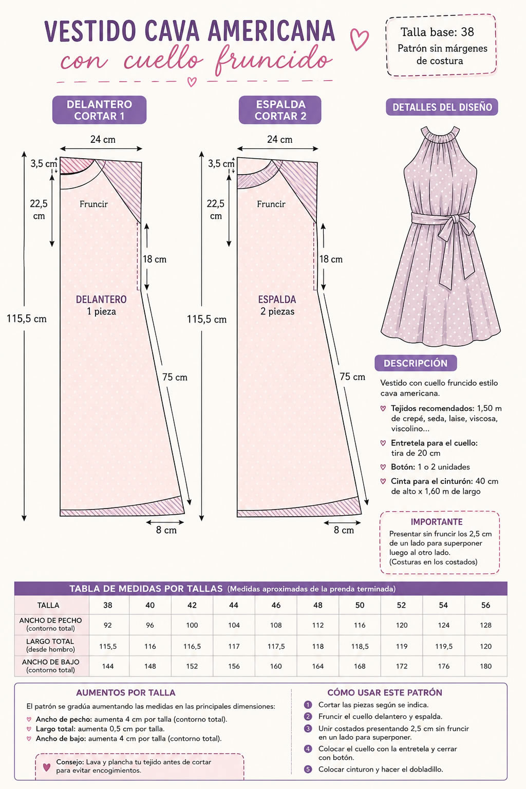 Patrón vestido cava americana con medidas de talla 38 a 56