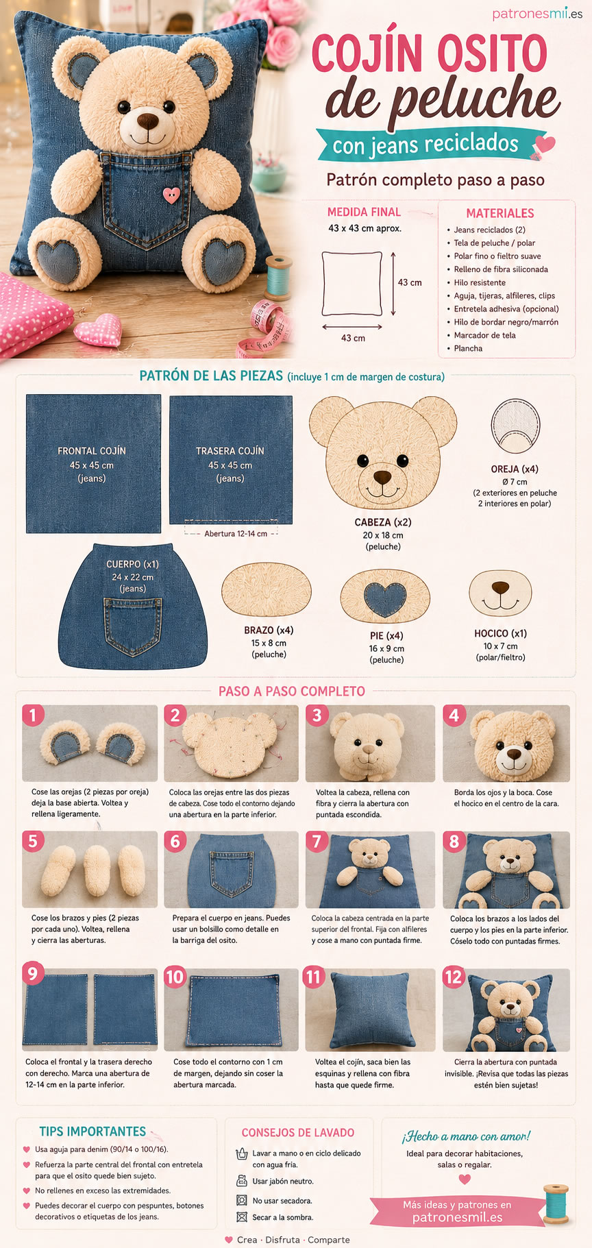 Paso a paso para coser un cojín osito de peluche con jeans reciclados
