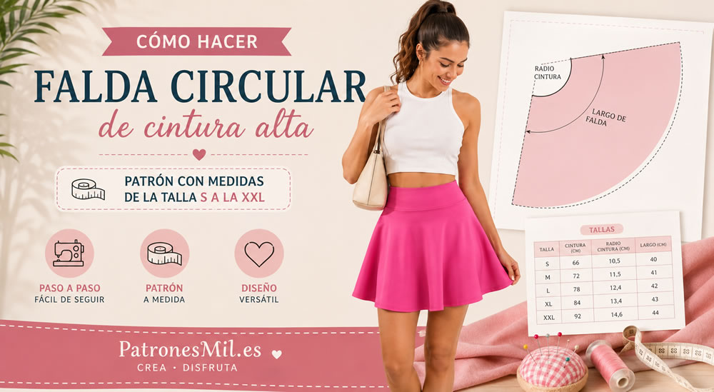 Falda circular de cintura alta con patrón y confección paso a paso