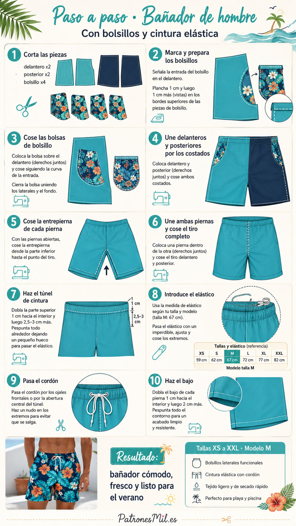 Paso a paso para coser un bañador de hombre con bolsillos y cintura elástica