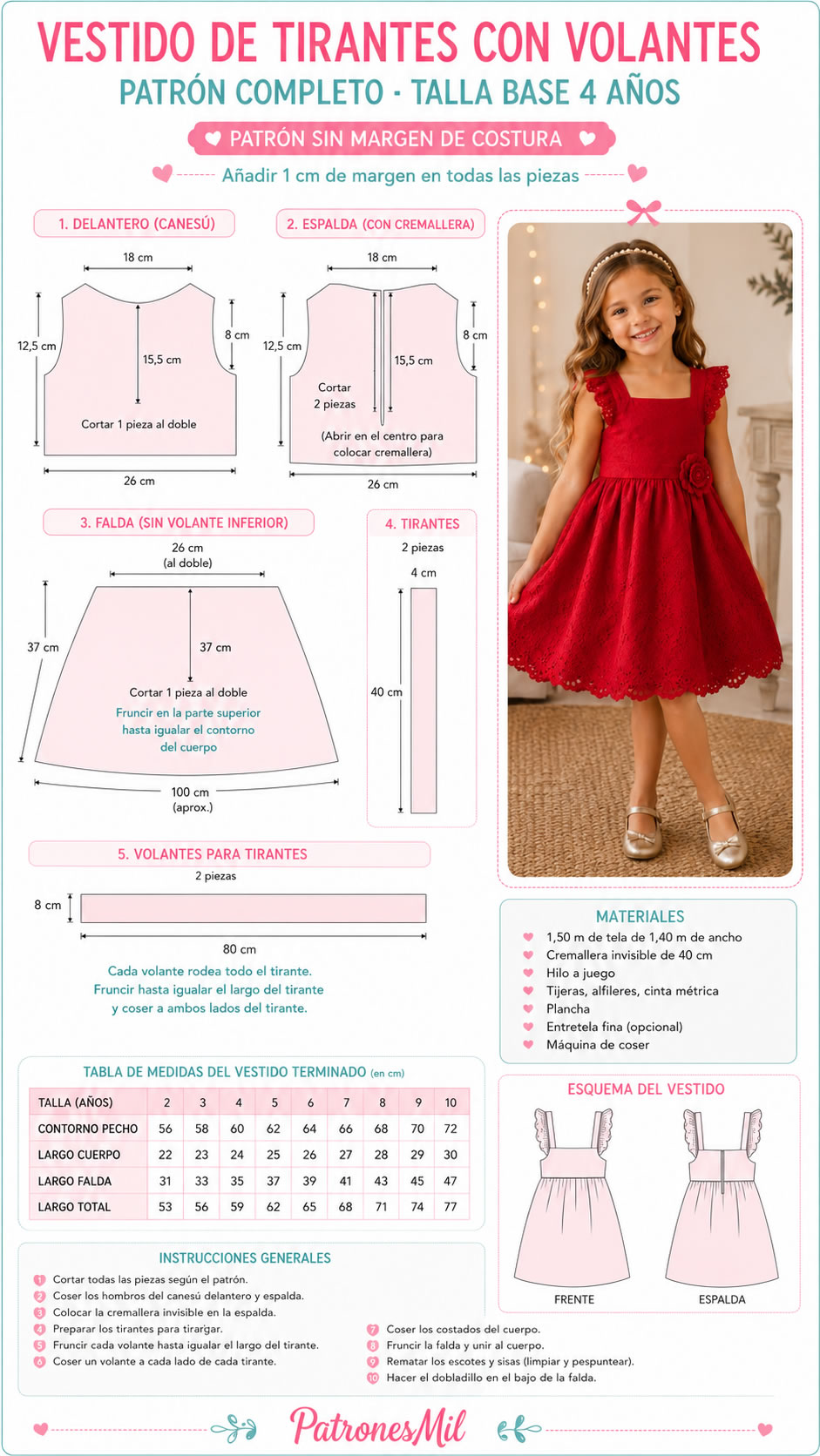 Vestido infantil de tirantes con volantes patrones