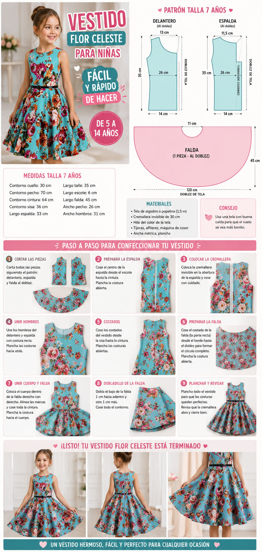 vestido infantil flor celeste confección paso a paso