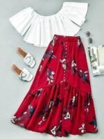 Falda midi con cintura elástica y volante asimétrico